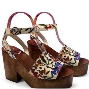 Tory Burch May Floral Ankle Strap Wooden Platform Sandals. Size 6